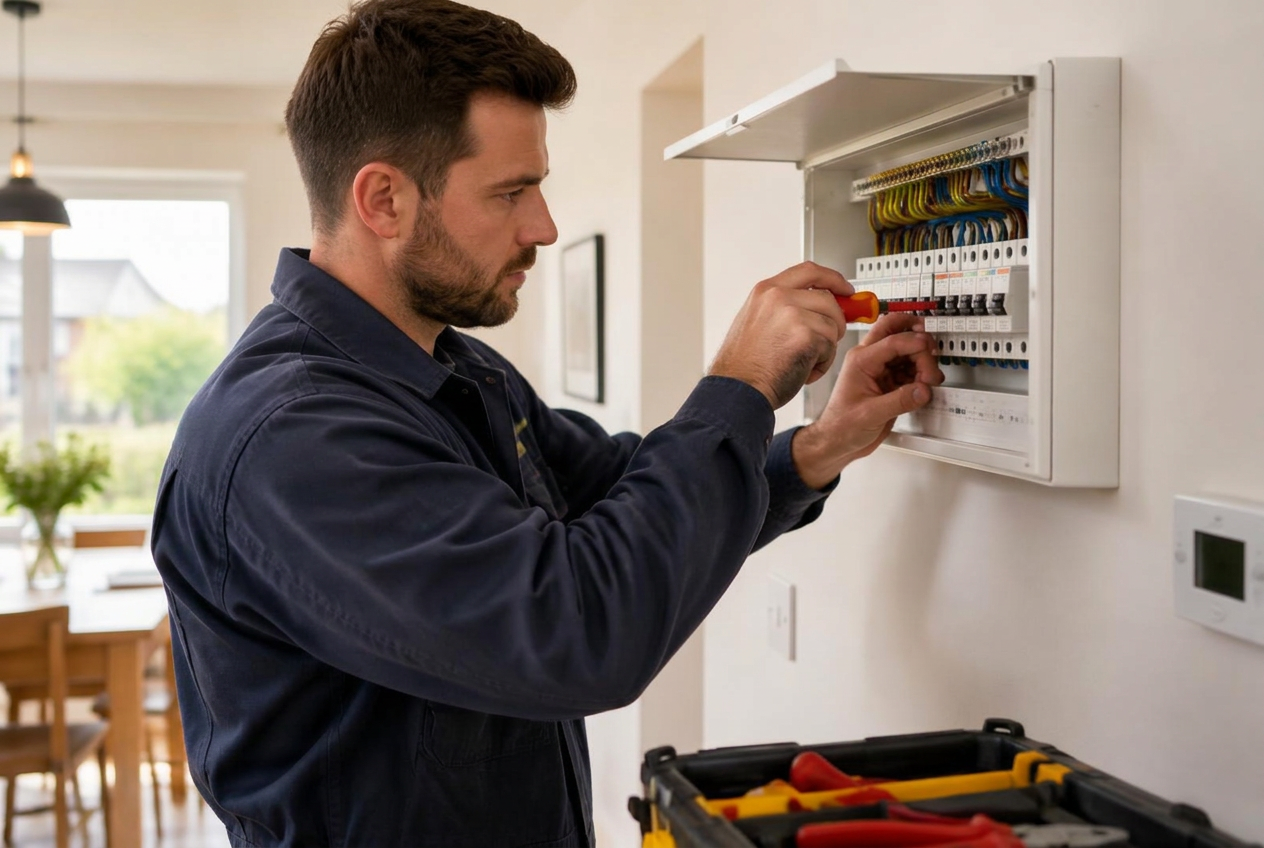 Electrician working on a fuse board